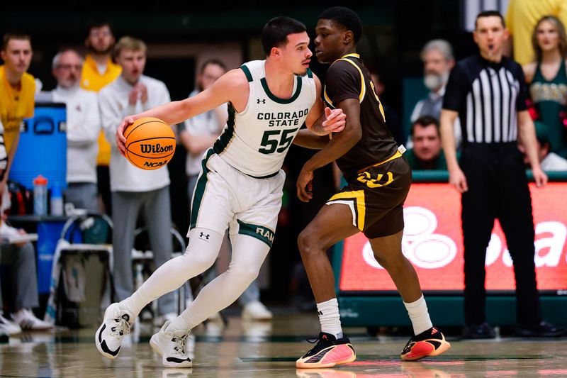Feb 14, 2026; Fort Collins, Colorado, USA; Colorado State Rams forward Jevin Muniz (55) controls the ball as Wyoming Cowboys guard Leland Walker (5) guards in the first half at Moby Arena. Mandatory Credit: Isaiah J. Downing-Imagn Images