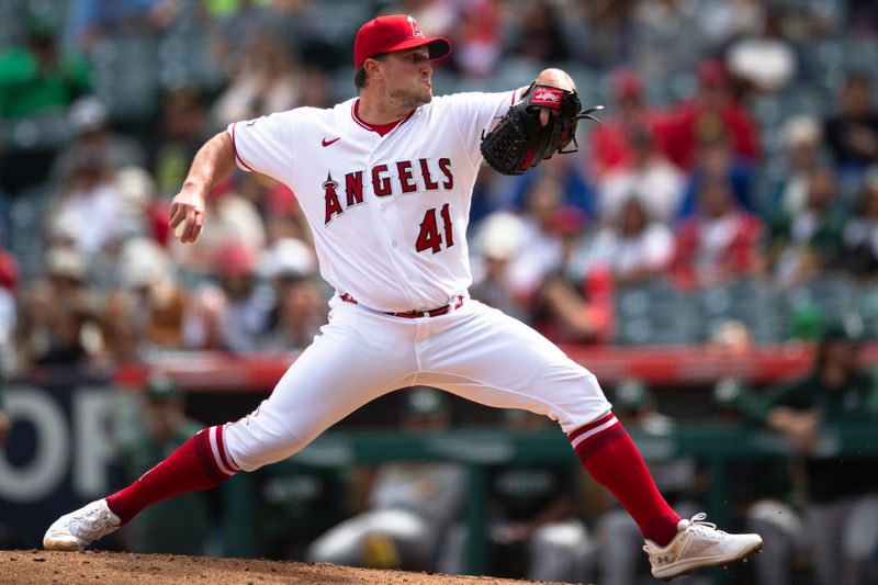 Oct 1, 2023; Anaheim, California, USA; Los Angeles Angels starting pitcher Carson Fulmer (41) throws a pitch against the Oakland Athletics during the third inning at Angel Stadium. Mandatory Credit: Jonathan Hui-USA TODAY Sports