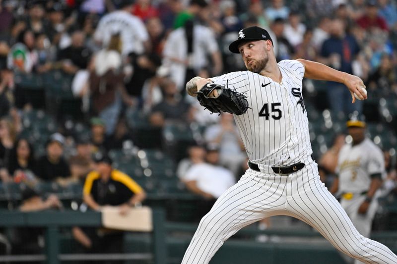 Sep 13, 2024; Chicago, Illinois, USA;  Chicago White Sox pitcher Garrett Crochet (45) delivers against the Oakland Athletics during the first inning at Guaranteed Rate Field. Mandatory Credit: Matt Marton-Imagn Images