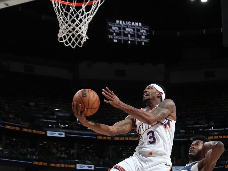 NEW ORLEANS, LA - DECEMBER 5: Bradley Beal #3 of the Phoenix Suns drives to the basket during the game against the New Orleans Pelicans on December 5, 2024 at the Smoothie King Center in New Orleans, Louisiana. NOTE TO USER: User expressly acknowledges and agrees that, by downloading and or using this Photograph, user is consenting to the terms and conditions of the Getty Images License Agreement. Mandatory Copyright Notice: Copyright 2024 NBAE (Photo by Layne Murdoch Jr./NBAE via Getty Images)