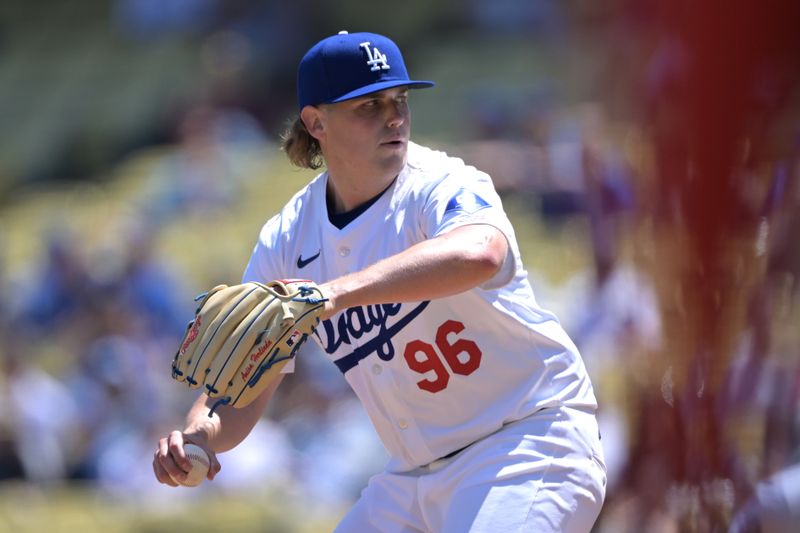 Apr 17, 2024; Los Angeles, California, USA;  Los Angeles Dodgers pitcher Landon Knack (96) throws to the plate in the first inning against the Washington Nationals at Dodger Stadium. Mandatory Credit: Jayne Kamin-Oncea-USA TODAY Sports