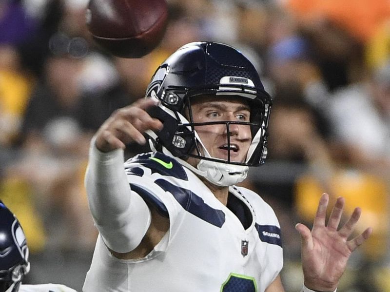 Seattle Seahawks quarterback Drew Lock (2) throws a pass against the Pittsburgh Steelers during the second half of an NFL preseason football game Saturday, Aug. 13, 2022, in Pittsburgh. (AP Photo/Barry Reeger)