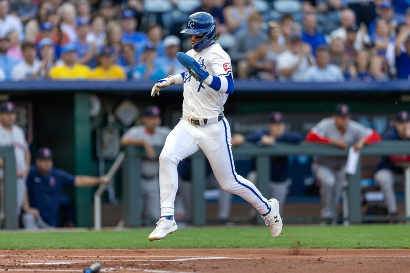 Aug 6, 2024; Kansas City, Missouri, USA;  Kansas City Royals shortstop Bobby Witt Jr. (7) scores during the first inning against the Boston Red Sox at Kauffman Stadium. Mandatory Credit: William Purnell-USA TODAY Sports