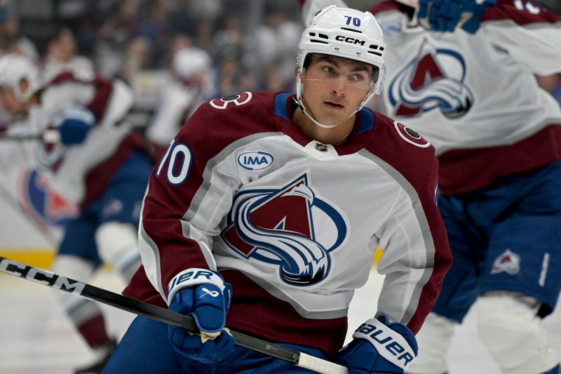 Oct 7, 2025; Los Angeles, California, USA;  Colorado Avalanche defenseman Sam Malinski (70) warms up prior to the game against the Los Angeles Kings at Crypto.com Arena. Mandatory Credit: Jayne Kamin-Oncea-Imagn Images