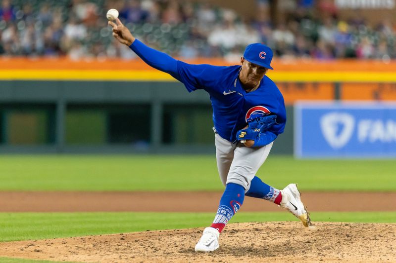 Aug 22, 2023; Detroit, Michigan, USA; Chicago Cubs relief pitcher Daniel Palencia (48) pitches in the seventh inning against the Detroit Tigers at Comerica Park. Mandatory Credit: David Reginek-USA TODAY Sports