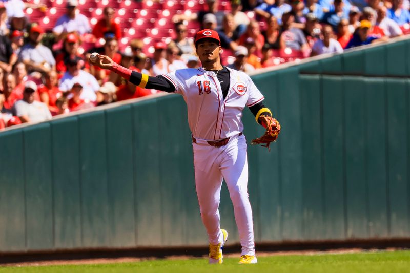 Sep 1, 2024; Cincinnati, Ohio, USA; Cincinnati Reds third baseman Noelvi Marte (16) throws to first to get Milwaukee Brewers designated hitter William Contreras (not pictured) out in the first inning at Great American Ball Park. Mandatory Credit: Katie Stratman-USA TODAY Sports