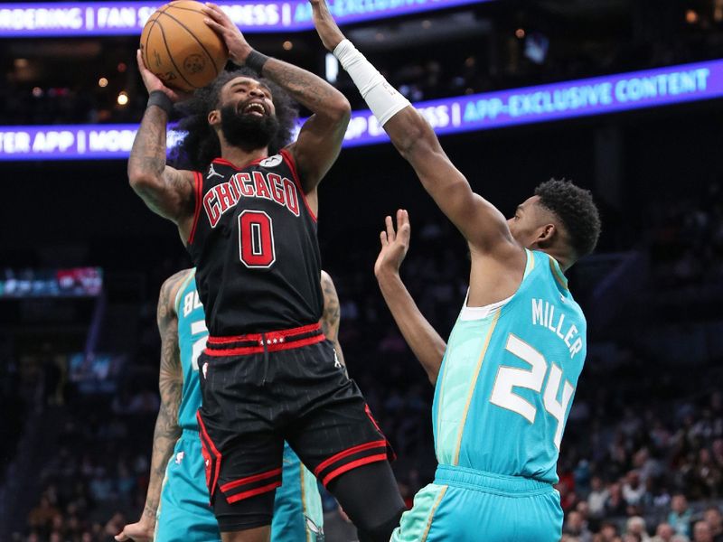 CHARLOTTE, NC - JANUARY 31: Coby White #0 of the Chicago Bulls shoots the ball during the game against the Charlotte Hornets on January 31, 2024 at Spectrum Center in Charlotte, North Carolina. NOTE TO USER: User expressly acknowledges and agrees that, by downloading and or using this photograph, User is consenting to the terms and conditions of the Getty Images License Agreement.  Mandatory Copyright Notice:  Copyright 2024 NBAE (Photo by Brock Williams-Smith/NBAE via Getty Images)