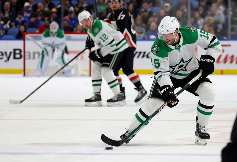 Feb 6, 2024; Buffalo, New York, USA;  Dallas Stars center Craig Smith (15) looks to make a pass during the first period against the Buffalo Sabres at KeyBank Center. Mandatory Credit: Timothy T. Ludwig-USA TODAY Sports