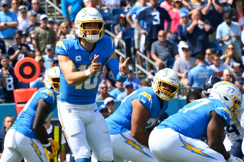 Los Angeles Chargers quarterback Justin Herbert (10) during the first half of an NFL football game against the Tennessee Titans Sunday, Sept. 17, 2023 in Nashville, Tenn. (AP Photo/John Amis)