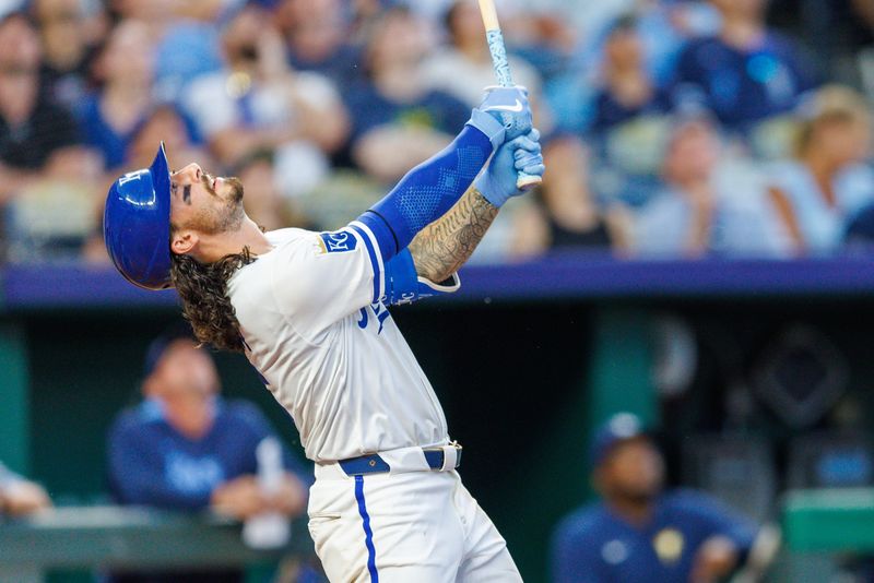 Jun 25, 2025; Kansas City, Missouri, USA; Kansas City Royals third baseman Jonathan India (6) watches a pop fly during the eighth inning against the Tampa Bay Rays at Kauffman Stadium. Mandatory Credit: William Purnell-Imagn Images