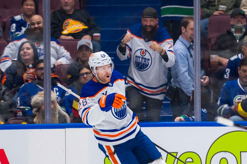 Nov 9, 2024; Vancouver, British Columbia, CAN; Edmonton Oilers forward Connor Brown (28) celebrates after scoring a goal against the Vancouver Canucks during the third period at Rogers Arena. Mandatory Credit: Bob Frid-Imagn Images