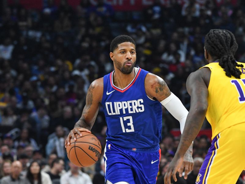 LOS ANGELES, CA - JANUARY 23:  Paul George #13 of the LA Clippers handles the ball during the game  on January 23, 2024 at Crypto.Com Arena in Los Angeles, California. NOTE TO USER: User expressly acknowledges and agrees that, by downloading and/or using this Photograph, user is consenting to the terms and conditions of the Getty Images License Agreement. Mandatory Copyright Notice: Copyright 2024 NBAE (Photo by Juan Ocampo/NBAE via Getty Images)