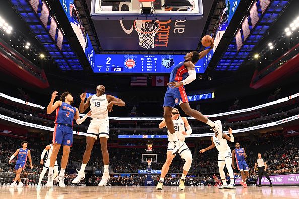 DETROIT, MI - DECEMBER 6: Jalen Duren #0 of the Detroit Pistons grabs the rebound during the game  on December 6, 2023 at Little Caesars Arena in Detroit, Michigan. NOTE TO USER: User expressly acknowledges and agrees that, by downloading and/or using this photograph, User is consenting to the terms and conditions of the Getty Images License Agreement. Mandatory Copyright Notice: Copyright 2023 NBAE (Photo by Chris Schwegler/NBAE via Getty Images)