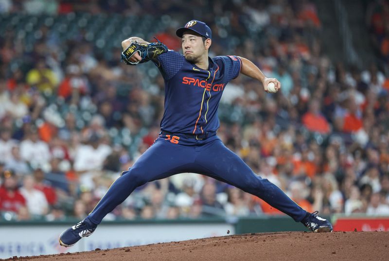 Aug 19, 2024; Houston, Texas, USA; Houston Astros starting pitcher Yusei Kikuchi (16) delivers a pitch during the first inning against the Boston Red Sox at Minute Maid Park. Mandatory Credit: Troy Taormina-USA TODAY Sports