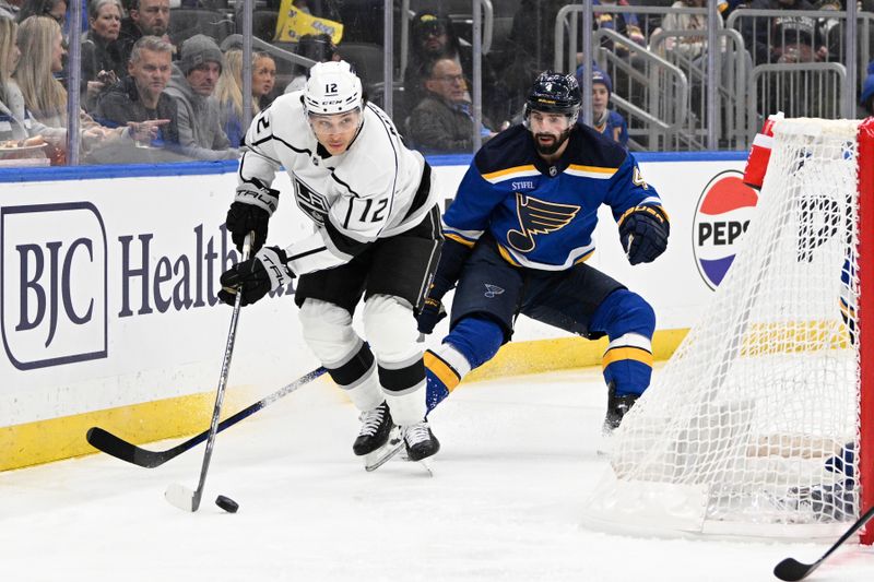 Jan 28, 2024; St. Louis, Missouri, USA; St. Louis Blues defenseman Nick Leddy (4) pressures Los Angeles Kings left wing Trevor Moore (12) during the first period at Enterprise Center. Mandatory Credit: Jeff Le-USA TODAY Sports