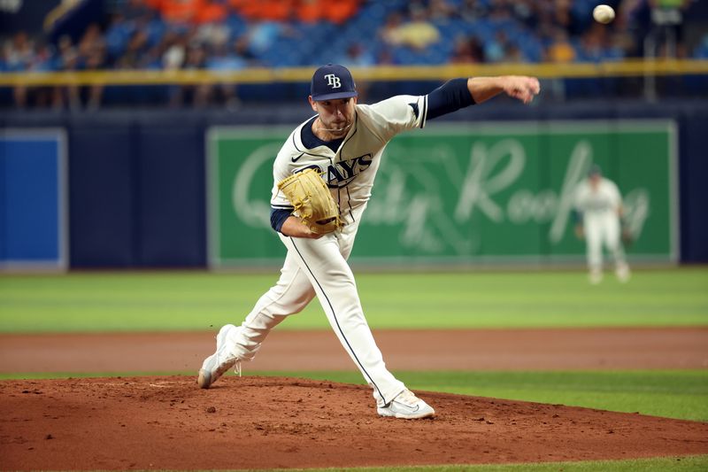 Sep 3, 2024; St. Petersburg, Florida, USA;  Tampa Bay Rays starting pitcher Jeffrey Springs (59) throws a pitch against the Minnesota Twins during the second inning at Tropicana Field. Mandatory Credit: Kim Klement Neitzel-Imagn Images