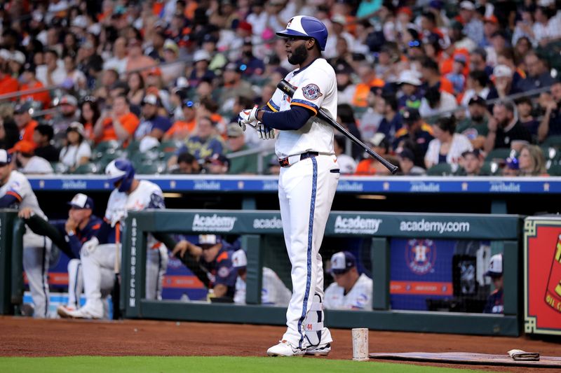 Apr 13, 2025; Houston, Texas, USA; Houston Astros designated hitter Yordan Alvarez (44) in the on-deck circle against the Los Angeles Angels during the first inning at Daikin Park. Mandatory Credit: Erik Williams-Imagn Images
