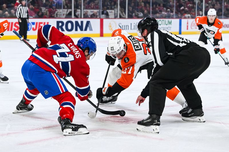 Nov 4, 2025; Montreal, Quebec, CAN; NHL linesman Ryan Jackson (84) drops the puck at a face-off between Montreal Canadiens right wing Brendan Gallagher (11) and Philadelphia Flyers left wing Noah Cates (27) during the first period at Bell Centre. Mandatory Credit: David Kirouac-Imagn Images