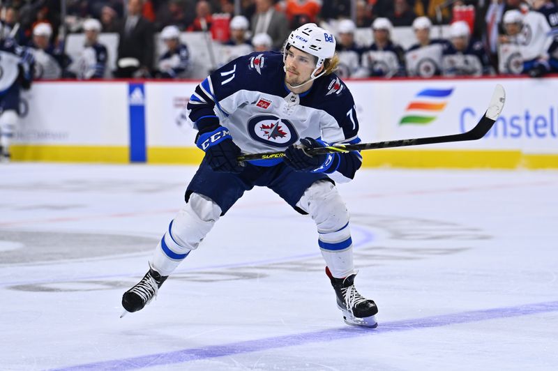 Jan 22, 2023; Philadelphia, Pennsylvania, USA; Winnipeg Jets left wing Axel Jonsson-Fjallby (71) in action against the Philadelphia Flyers in the first period at Wells Fargo Center. Mandatory Credit: Kyle Ross-USA TODAY Sports