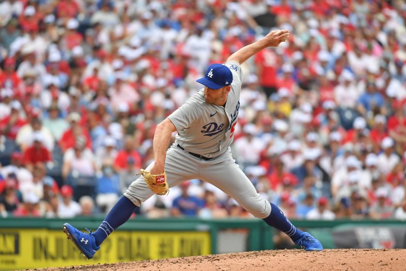 Jun 11, 2023; Philadelphia, Pennsylvania, USA; Los  Angeles Dodgers relief pitcher Adam Kolarek (56) throws a pitch against the Philadelphia Phillies during the third inning at Citizens Bank Park. Mandatory Credit: Eric Hartline-USA TODAY Sports