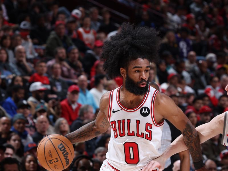 CHICAGO, IL - FEBRUARY 3: Coby White #0 of the Chicago Bulls dribbles the ball during the game against the Sacramento Kings on February 3, 2024 at United Center in Chicago, Illinois. NOTE TO USER: User expressly acknowledges and agrees that, by downloading and or using this photograph, User is consenting to the terms and conditions of the Getty Images License Agreement. Mandatory Copyright Notice: Copyright 2024 NBAE (Photo by Jeff Haynes/NBAE via Getty Images)