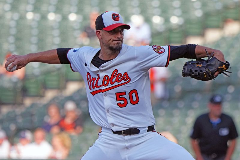 Jun 24, 2025; Baltimore, Maryland, USA; Baltimore Orioles pitcher Charlie Morton (50) delivers during the second inning against the Texas Rangers at Oriole Park at Camden Yards. Mandatory Credit: Mitch Stringer-Imagn Images