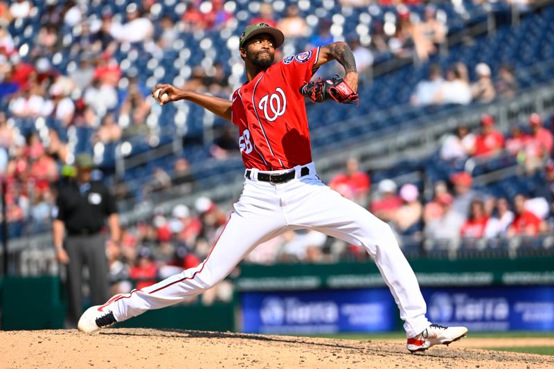 May 21, 2023; Washington, District of Columbia, USA; Washington Nationals relief pitcher Carl Edwards Jr. (58) throws to the Detroit Tigers during the eighth inning at Nationals Park. Mandatory Credit: Brad Mills-USA TODAY Sports