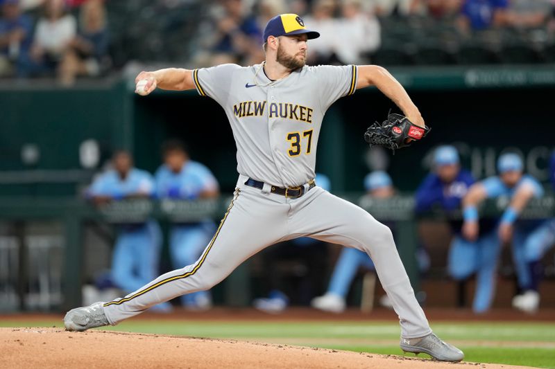 Aug 20, 2023; Arlington, Texas, USA; Milwaukee Brewers starting pitcher Adrian Houser (37) delivers a pitch to the Texas Rangers during the first inning at Globe Life Field. Mandatory Credit: Jim Cowsert-USA TODAY Sports