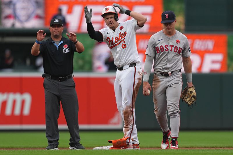 May 27, 2024; Baltimore, Maryland, USA; Baltimore Orioles first baseman Ryan Mountcastle (6) reacts following a fourth inning double against the Boston Red Sox at Oriole Park at Camden Yards. Mandatory Credit: Mitch Stringer-USA TODAY Sports