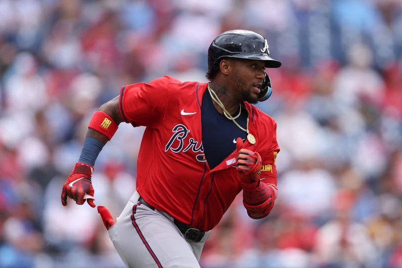 May 29, 2025; Philadelphia, Pennsylvania, USA; Atlanta BravesAtlanta Braves outfielder Ronald Acuña Jr. (13) runs the bases after hitting a double against the Philadelphia Phillies during the eighth inning at Citizens Bank Park. Mandatory Credit: Bill Streicher-Imagn Images