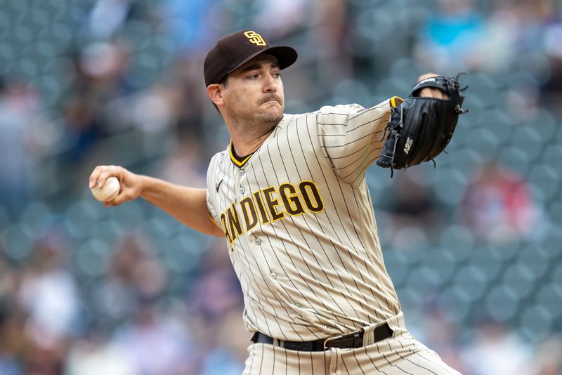 May 10, 2023; Minneapolis, Minnesota, USA; San Diego Padres starting pitcher Seth Lugo (67) delivers a pitch in the first inning against the Minnesota Twins at Target Field. Mandatory Credit: Jesse Johnson-USA TODAY Sports