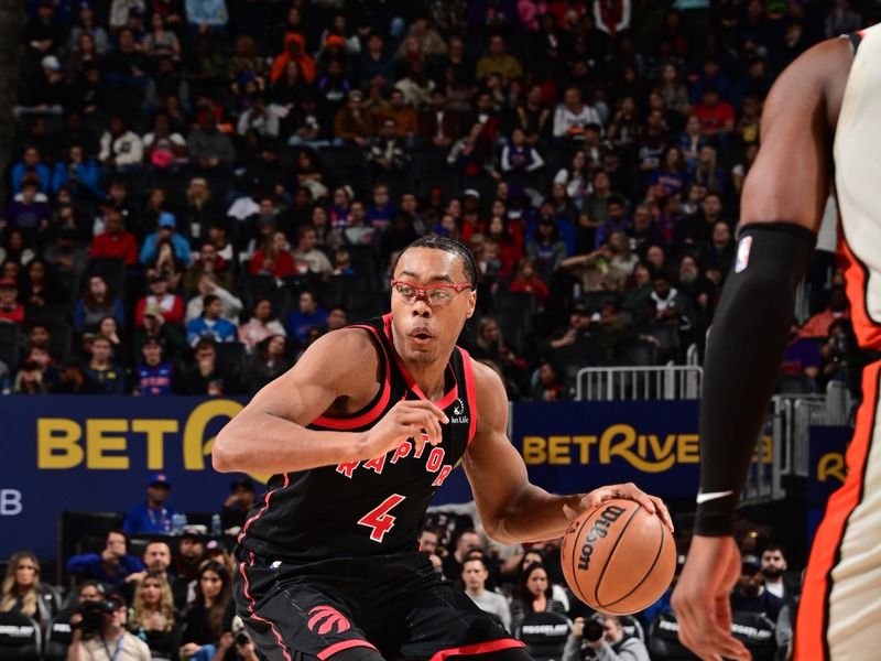 DETROIT, MI - NOVEMBER 24: Scottie Barnes #4 of the Toronto Raptors handles the ball during the game against the Detroit Pistons on November 24, 2024 at Little Caesars Arena in Detroit, Michigan. NOTE TO USER: User expressly acknowledges and agrees that, by downloading and/or using this photograph, User is consenting to the terms and conditions of the Getty Images License Agreement. Mandatory Copyright Notice: Copyright 2024 NBAE (Photo by Chris Schwegler/NBAE via Getty Images)