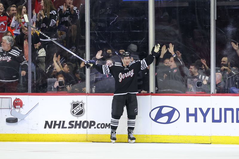 Oct 27, 2023; Newark, New Jersey, USA; New Jersey Devils left wing Erik Haula (56) celebrates his goal during the second period against the Buffalo Sabres at Prudential Center. Mandatory Credit: Vincent Carchietta-USA TODAY Sports