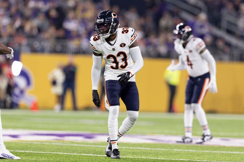 Chicago Bears cornerback Jaylon Johnson (33) in action during the first half of an NFL football game against the Minnesota Vikings, Monday, Nov. 27, 2023 in Minneapolis. Chicago won 12-10. (AP Photo/Stacy Bengs)