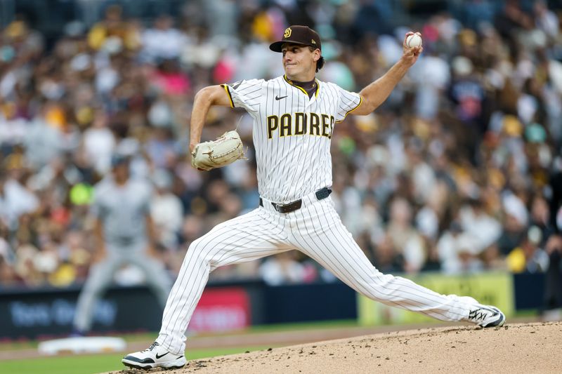 Apr 12, 2025; San Diego, California, USA; San Diego Padres starting pitcher Kyle Hart (68) throws a pitch during the third inning against the Colorado Rockies at Petco Park. Mandatory Credit: David Frerker-Imagn Images