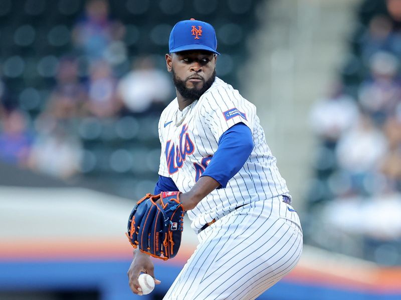 Jun 13, 2024; New York City, New York, USA; New York Mets starting pitcher Luis Severino (40) pitches against the Miami Marlins during the second inning at Citi Field. Mandatory Credit: Brad Penner-USA TODAY Sports