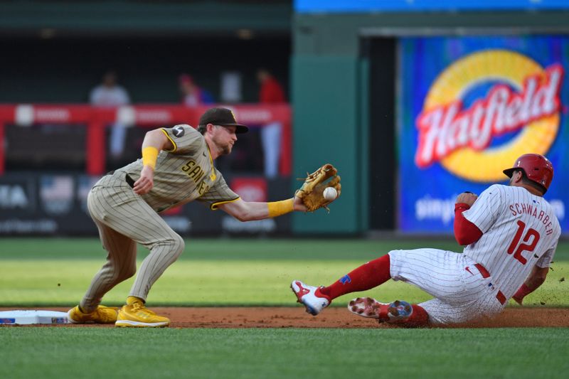 Jun 17, 2024; Philadelphia, Pennsylvania, USA; San Diego Padres shortstop Ha-Seong Kim (7) gets set to tag out Philadelphia Phillies designated hitter Kyle Schwarber (12) who was caught stealing during the first inning at Citizens Bank Park. Mandatory Credit: Eric Hartline-USA TODAY Sports