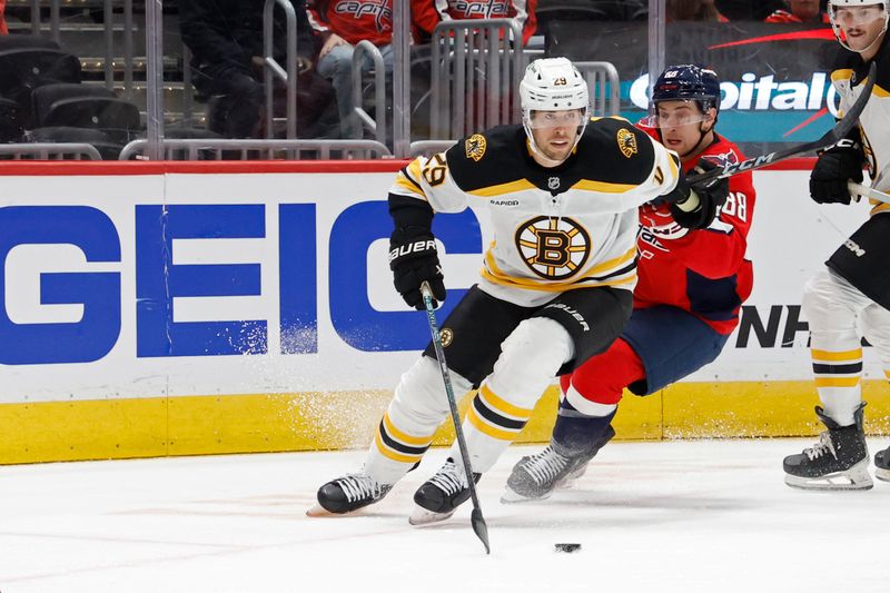 Oct 5, 2024; Washington, District of Columbia, USA; Boston Bruins defenseman Parker Wotherspoon (29) skates with the puck as Washington Capitals left wing Andrew Mangiapane (88) chases in the first period at Capital One Arena. Mandatory Credit: Geoff Burke-Imagn Images