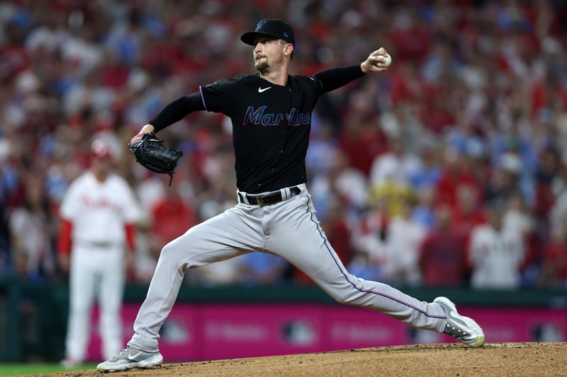 Oct 4, 2023; Philadelphia, Pennsylvania, USA; Miami Marlins starting pitcher Braxton Garrett (29) throws a pitch against the Philadelphia Phillies during the first inning for game two of the Wildcard series for the 2023 MLB playoffs at Citizens Bank Park. Mandatory Credit: Bill Streicher-USA TODAY Sports