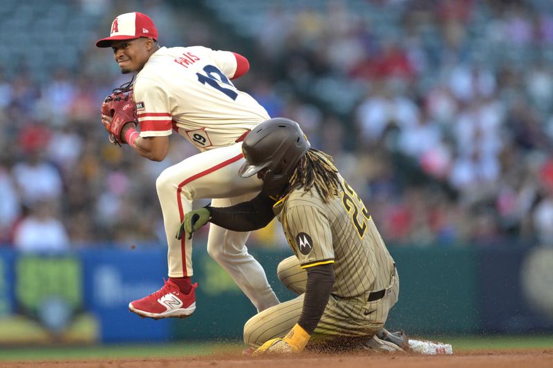 Jun 5, 2024; Anaheim, California, USA;  Los Angeles Angels second baseman Kyren Paris (19) takes the throw as San Diego Padres right fielder Fernando Tatis Jr. (23) is out at second in the third inning at Angel Stadium. Mandatory Credit: Jayne Kamin-Oncea-USA TODAY Sports