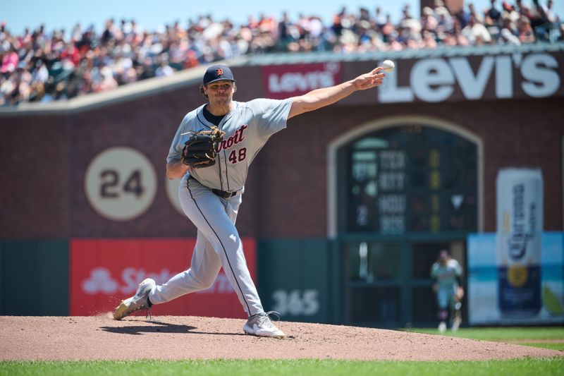 Aug 10, 2024; San Francisco, California, USA; Detroit Tigers pitcher Brant Hurter (48) throws a pitch against the San Francisco Giants during the second inning at Oracle Park. Mandatory Credit: Robert Edwards-USA TODAY Sports