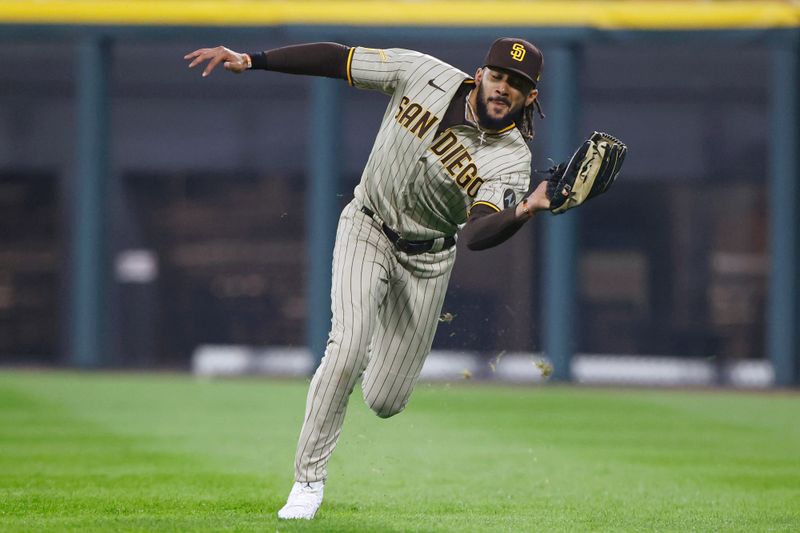 Sep 29, 2023; Chicago, Illinois, USA; San Diego Padres right fielder Fernando Tatis Jr. (23) catches a pop up ball hit by Chicago White Sox shortstop Tim Anderson during the ninth inning at Guaranteed Rate Field. Mandatory Credit: Kamil Krzaczynski-USA TODAY Sports