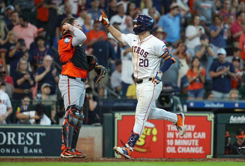 Jun 22, 2024; Houston, Texas, USA; Houston Astros right fielder Chas McCormick (20) scores a run past Baltimore Orioles catcher Adley Rutschman (35) after hitting a home run during the fifth inning at Minute Maid Park. Mandatory Credit: Troy Taormina-USA TODAY Sports