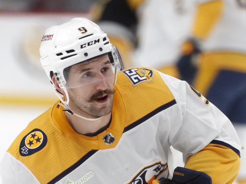 Apr 15, 2024; Pittsburgh, Pennsylvania, USA; Nashville Predators defenseman Roman Josi (59) warms up before the game against he Pittsburgh Penguins at PPG Paints Arena. Mandatory Credit: Charles LeClaire-USA TODAY Sports