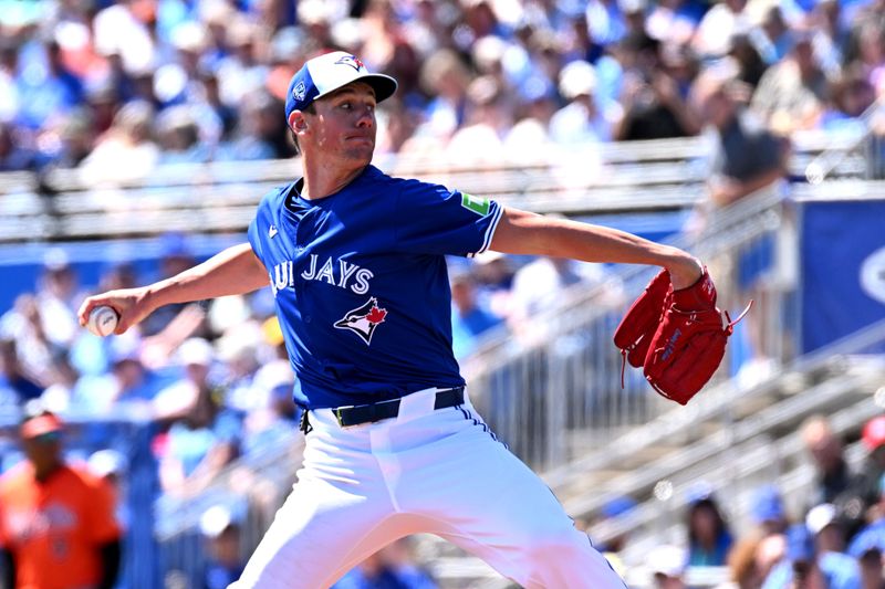 Mar 19, 2024; Dunedin, Florida, USA; Toronto Blue Jays starting pitcher Chris Bassitt (40) throws a pitch in the first inning of the spring training game against the Baltimore Orioles at TD Ballpark. Mandatory Credit: Jonathan Dyer-USA TODAY Sports