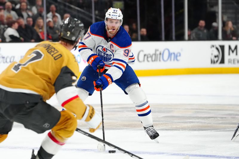 Feb 6, 2024; Las Vegas, Nevada, USA; Edmonton Oilers center Connor McDavid (97) skates against the Vegas Golden Knights during the second period at T-Mobile Arena. Mandatory Credit: Stephen R. Sylvanie-USA TODAY Sports