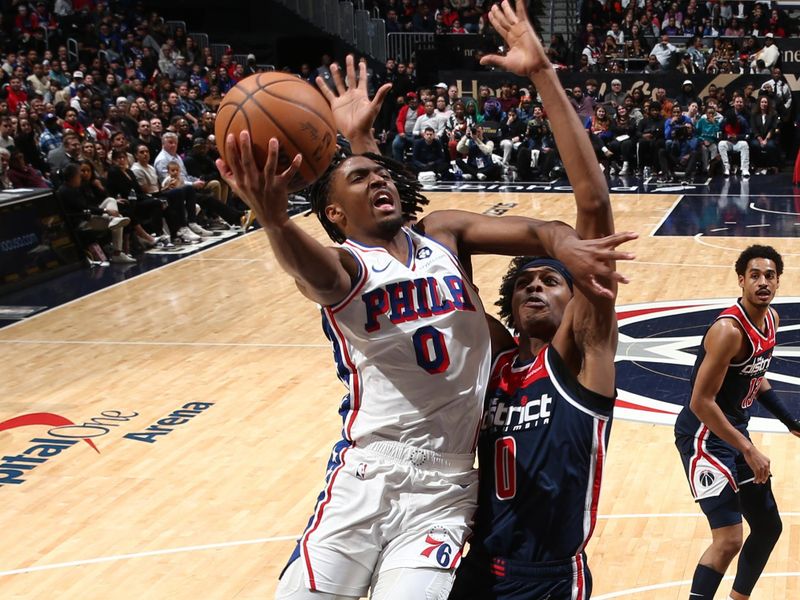 WASHINGTON, DC -? FEBRUARY 10: Tyrese Maxey #0 of the Philadelphia 76ers drives to the basket during the game against the Washington Wizards on February 10, 2024 at Capital One Arena in Washington, DC. NOTE TO USER: User expressly acknowledges and agrees that, by downloading and or using this Photograph, user is consenting to the terms and conditions of the Getty Images License Agreement. Mandatory Copyright Notice: Copyright 2024 NBAE (Photo by Kenny Giarla/NBAE via Getty Images)