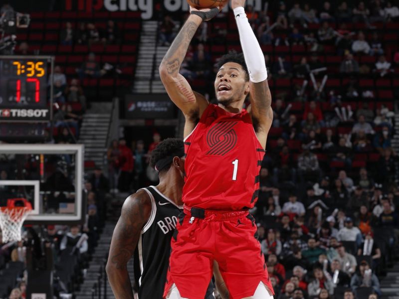 PORTLAND, OR - JANUARY 17: Anfernee Simons #1 of the Portland Trail Blazers shoots the ball during the game against the Brooklyn Nets on January 17, 2024 at the Moda Center Arena in Portland, Oregon. NOTE TO USER: User expressly acknowledges and agrees that, by downloading and or using this photograph, user is consenting to the terms and conditions of the Getty Images License Agreement. Mandatory Copyright Notice: Copyright 2024 NBAE (Photo by Cameron Browne/NBAE via Getty Images)