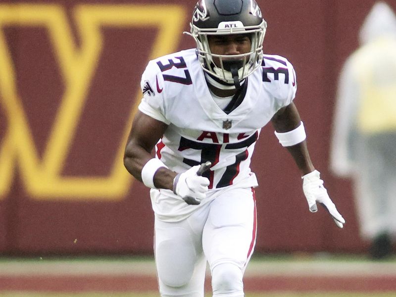 Atlanta Falcons cornerback Dee Alford (37) runs during an NFL football game against the Washington Commanders, Sunday, November 27, 2022 in Landover. (AP Photo/Daniel Kucin Jr.)