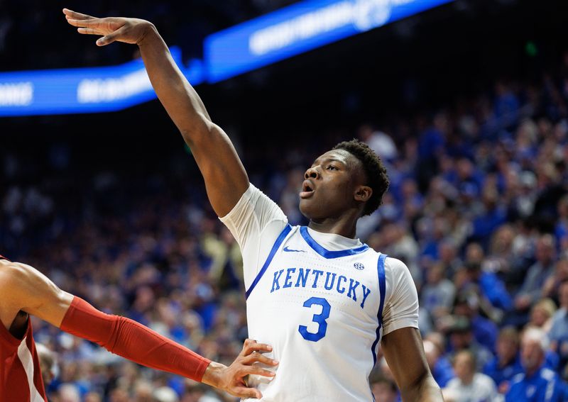 Feb 24, 2024; Lexington, Kentucky, USA; Kentucky Wildcats guard Adou Thiero (3) shoots during the second half against the Alabama Crimson Tide at Rupp Arena at Central Bank Center. Mandatory Credit: Jordan Prather-USA TODAY Sports